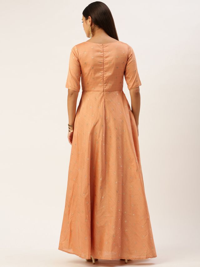 Bollywood Vogue Ready To Wear Peach Art Silk Jacquard Floor Length Gown