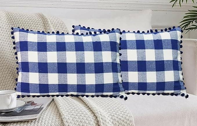 Lushomes Rectangle Cushion Cover with Pom Pom, Cotton Sofa Pillow Cover Set of 2, 12x20 Inch, Big Checks, (30x50 Cms)(MULTI COLOURS) - HalfPe