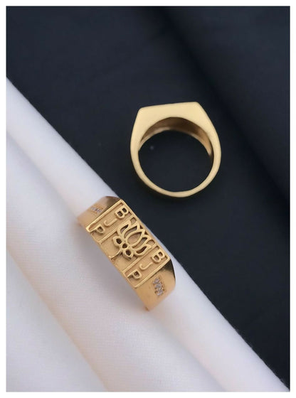 Men's Gold Plated BJP Party Ring with Lotus Symbol and CZ Stones – Religious Political Statement Ring MAITRY ENTERPRISE