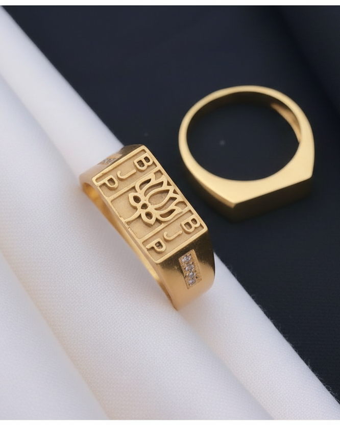 Men's Gold Plated BJP Party Ring with Lotus Symbol and CZ Stones – Religious Political Statement Ring MAITRY ENTERPRISE