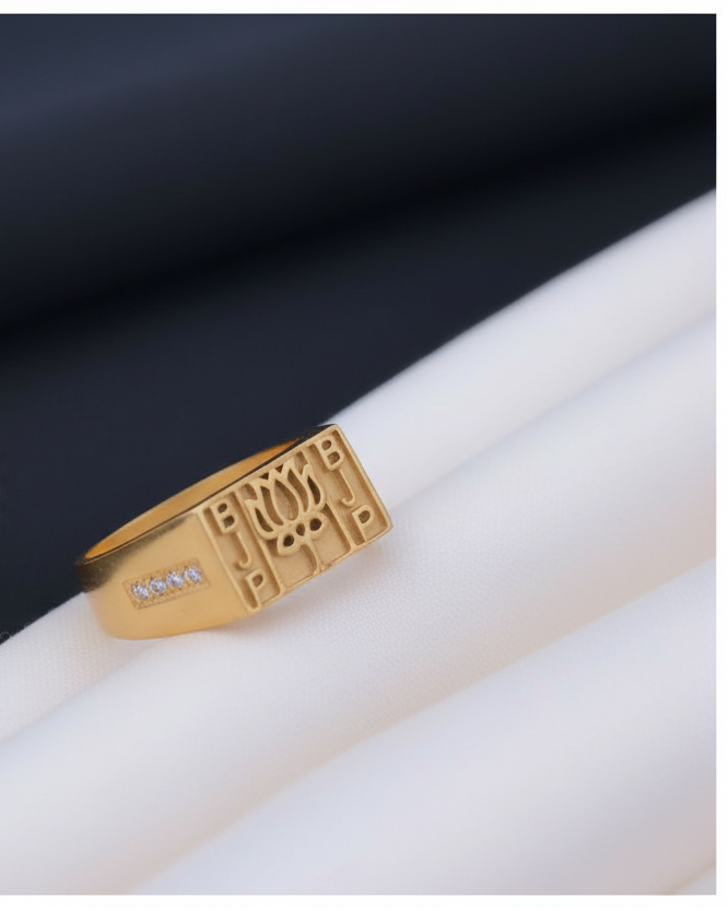 Men's Gold Plated BJP Party Ring with Lotus Symbol and CZ Stones – Religious Political Statement Ring MAITRY ENTERPRISE