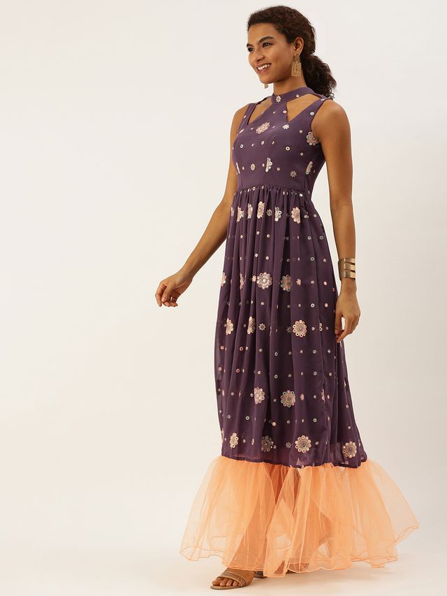 Bollywood Vogue Ready To Wear Magenta Georgette Embroidered Sheer Gown