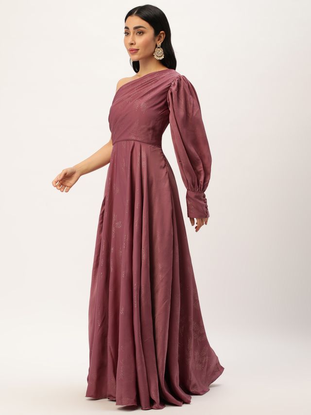 Bollywood Vogue Ready To Wear Mauve Satin Blend Foil Printed Gown