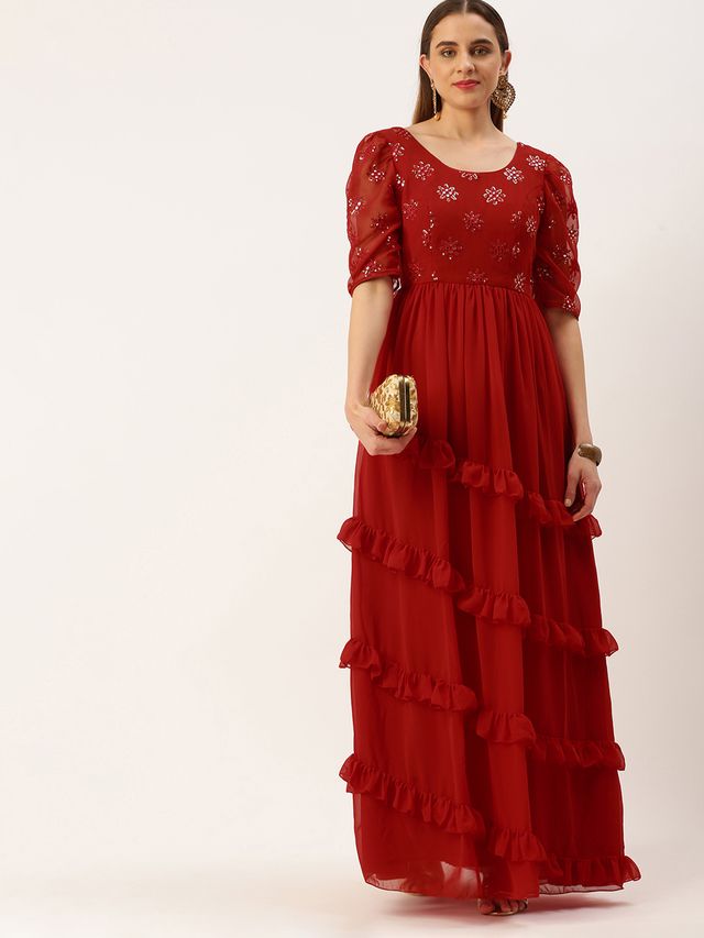 Bollywood Vogue Ready To Wear Red Georgette Embroidered Maxi Dress