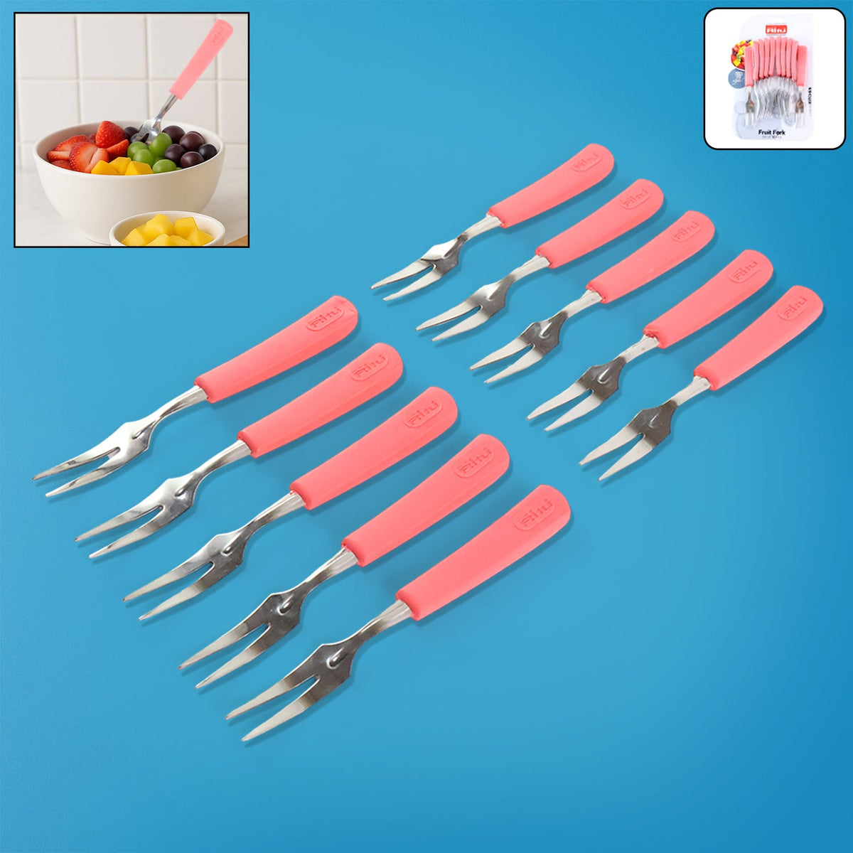 Premium Stainless Steel Fruit Fork Set  10 Pieces With Soft Non-slip Handle HP DD