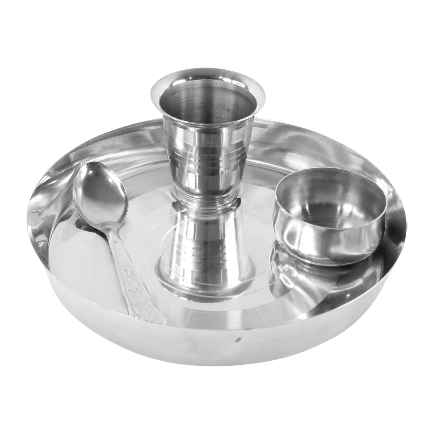 Stainless Steel Thali Set – Round Plate with Katori Bowl, Drinking Glass & Dining Spoon- (Set)