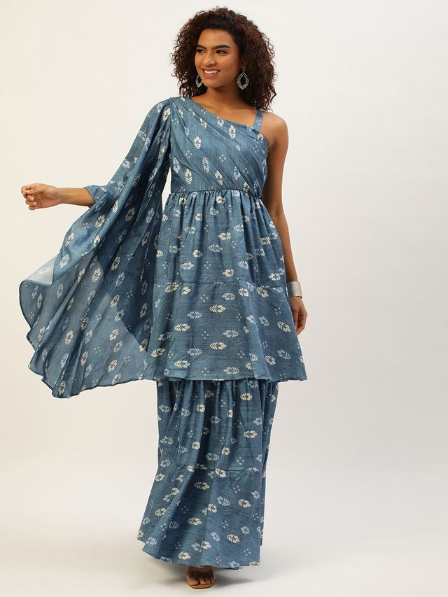 Bollywood Vogue Ready To Wear Blue Art Silk Digital Printed Gown