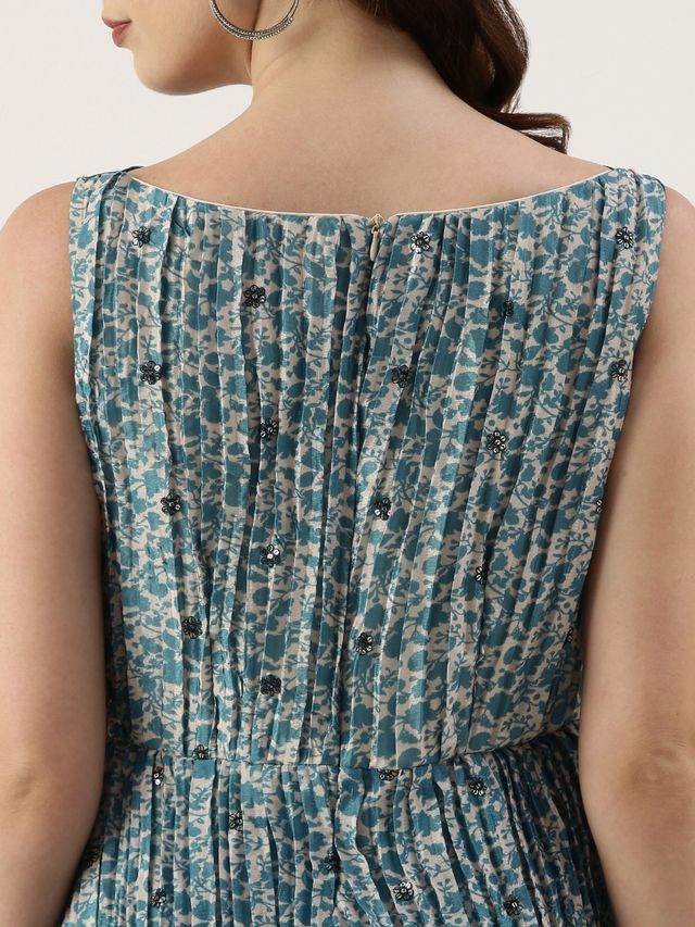 Bollywood Vogue Ready To Wear Cream N Blue Chinon Printed Maxi Dress