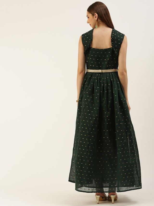 Bollywood Vogue Ready To Wear Teal Green Art Silk Cotton Jacquard Dress