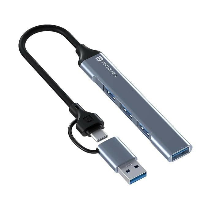 Portronics Mport 31 Pro USB 3.0 Hub (4-in-1) with Type-C & USB Dual Plugs, USB 3.0 SuperSpeed, 3-Port USB 2.0 High-Speed, Up to 5 Gbps Speed, Aluminium Alloy Metal Body, for Laptop, PC, Mac - HalfPe