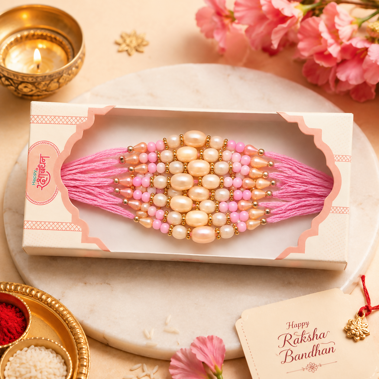 Pearl Beaded Rakhi with Multicolor Threads – Festive Gift Rakhi (Set of 10))
