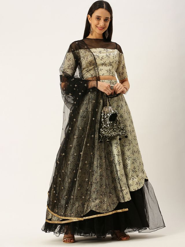 Bollywood Vogue Ready To Wear Off White Art Silk Scallop Lehenga Set