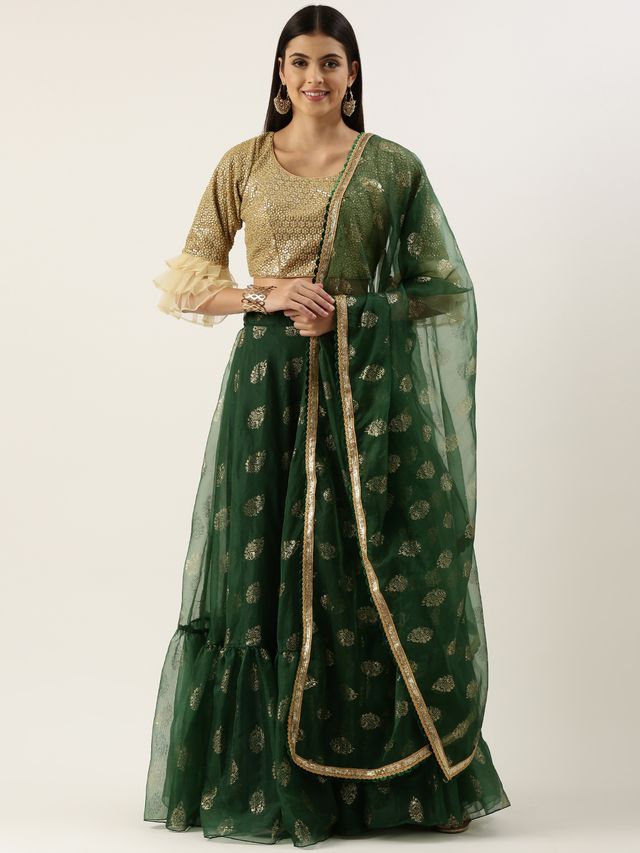 Bollywood Vogue Ready To Wear Green N Gold Organza Embroidered Lehenga