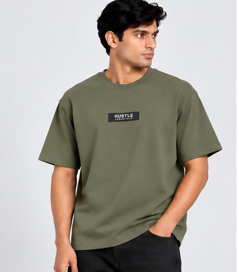 HUSTLE Essentials Men's Crew Neck Oversized T-Shirt – Slightly Greenish Olive(Oversized size)