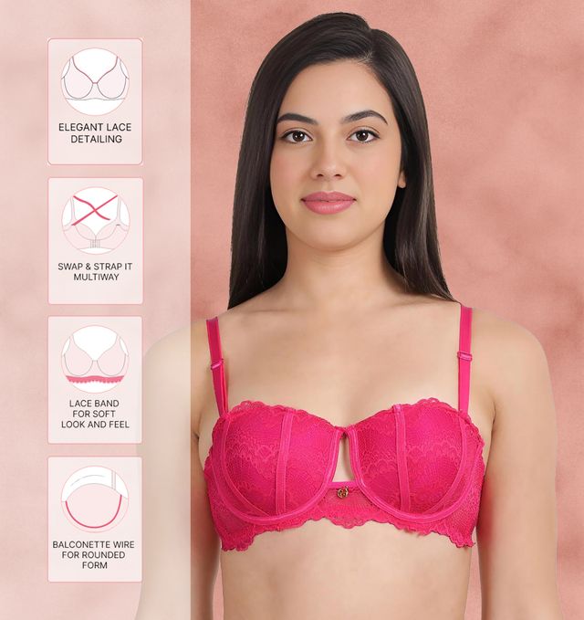 Susie Half Coverage Fandango Pink Lace Adjustable, MultiwayPadded Balconette Bra