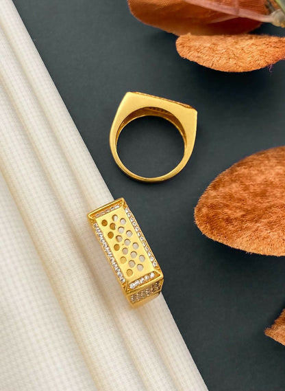 Men’s Gold Plated Rectangular CZ Studded Statement Ring for Ethnic Party Wear MAITRY ENTERPRISE