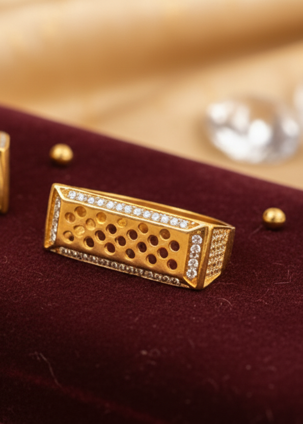 Men’s Gold Plated Rectangular CZ Studded Statement Ring for Ethnic Party Wear MAITRY ENTERPRISE