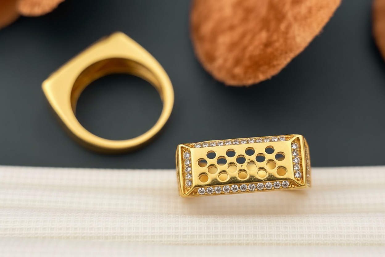 Men’s Gold Plated Rectangular CZ Studded Statement Ring for Ethnic Party Wear MAITRY ENTERPRISE