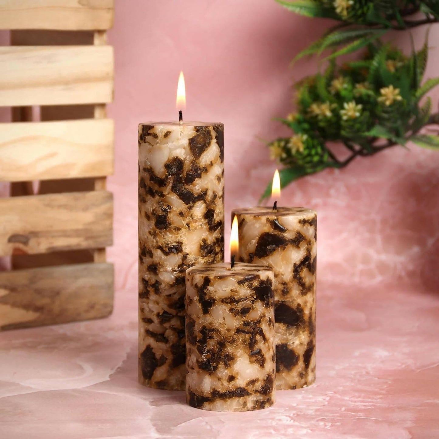 PROSPERRO LUMO Paraffin Wax By Parkash Candles Set Of 3 Fragrance Pillar Candles Marble Finish (Brown - Coffee) - HalfPe