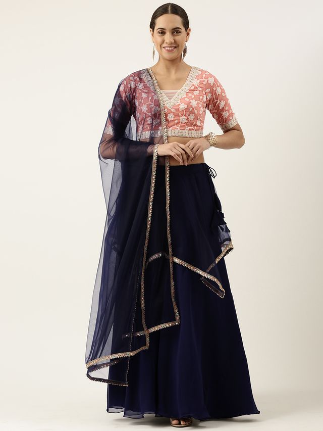 Bollywood Vogue Ready To Wear Navy Blue N Peach Embroidered Lehenga Set