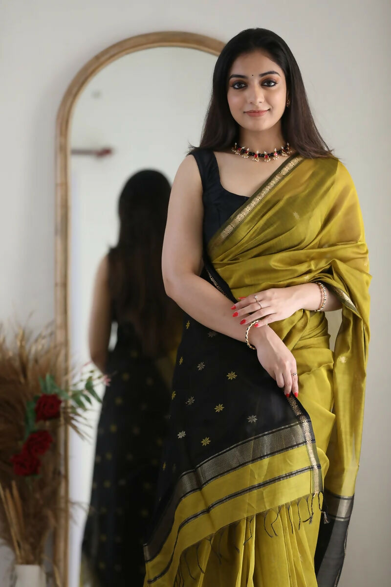 AXONIT Premium Golden Cotton Saree with Lightweight Fabric, Elegant Zari Border, and Traditional Finish