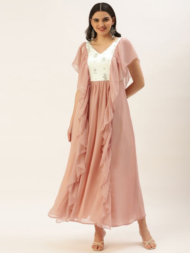 Bollywood Vogue Ready To Wear Pink N White Chinon Ruffles Gown
