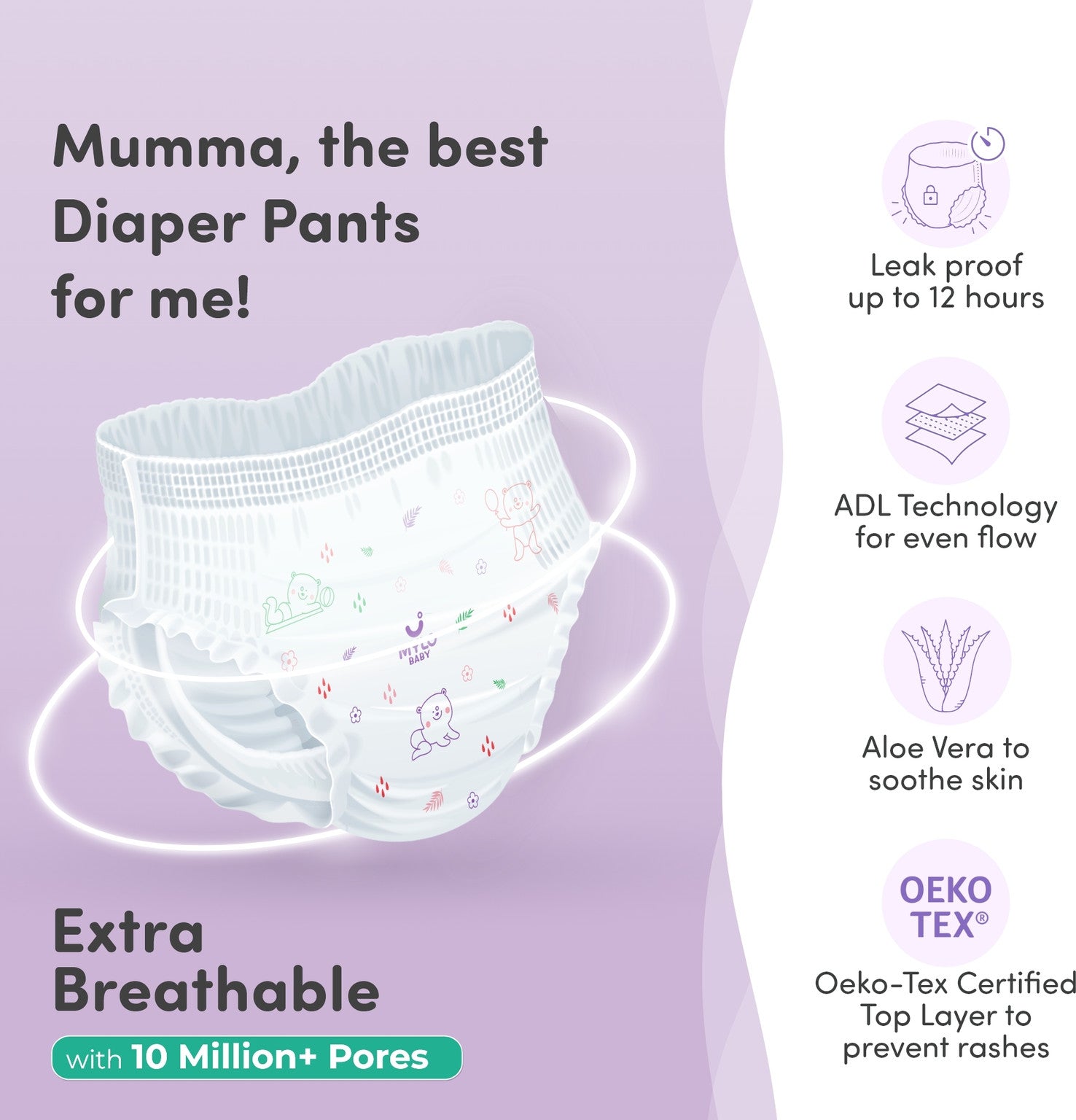 MYLO Baby Diaper Pants, Super Absorbent with Aloe Vera, Leak Proof, Anti Rash,Jumbo Pack - L (64 Pieces)