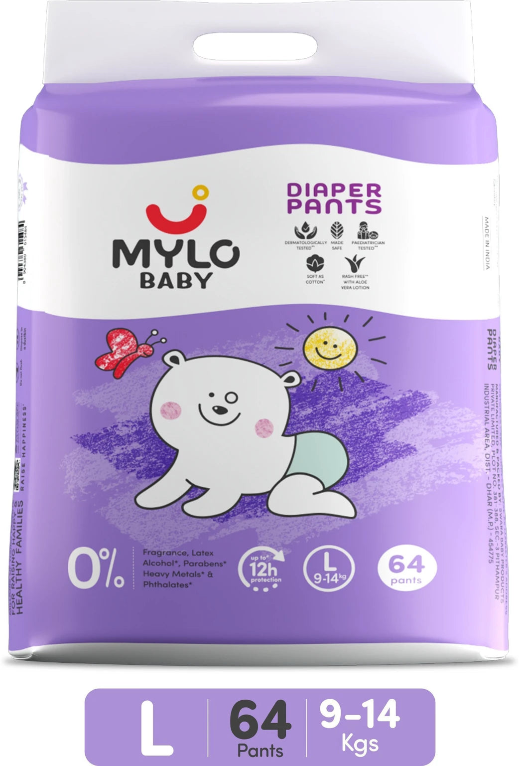 MYLO Baby Diaper Pants, Super Absorbent with Aloe Vera, Leak Proof, Anti Rash,Jumbo Pack - L (64 Pieces)