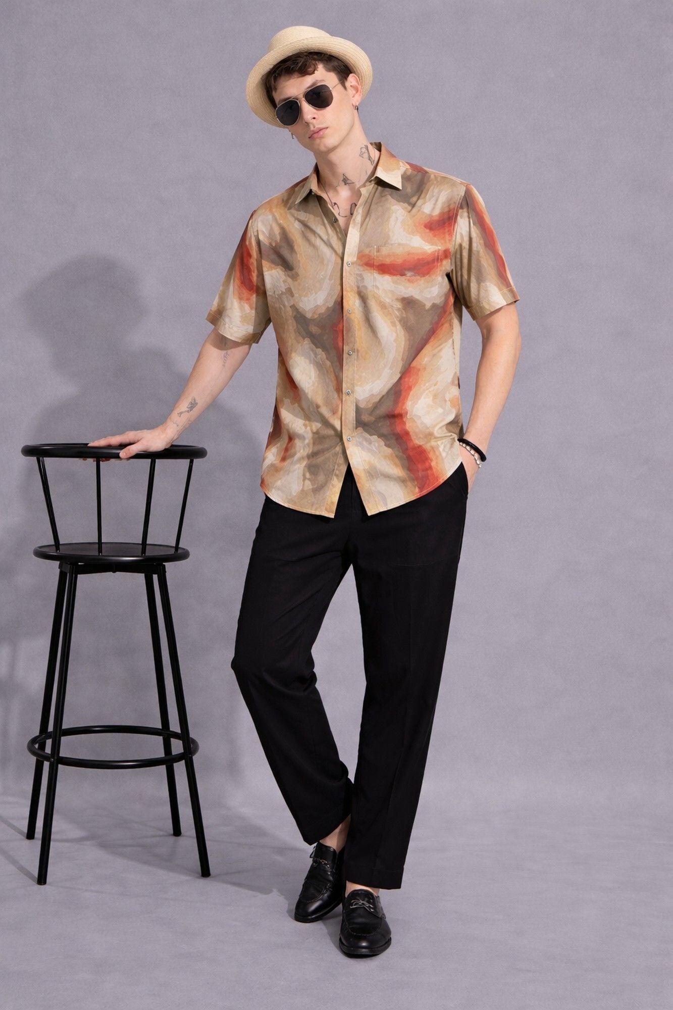 HENSHIKA Men's Casual Half Sleeve Printed Shirt - Relaxed Fit Cotton Blend - Red Abstract - View 5