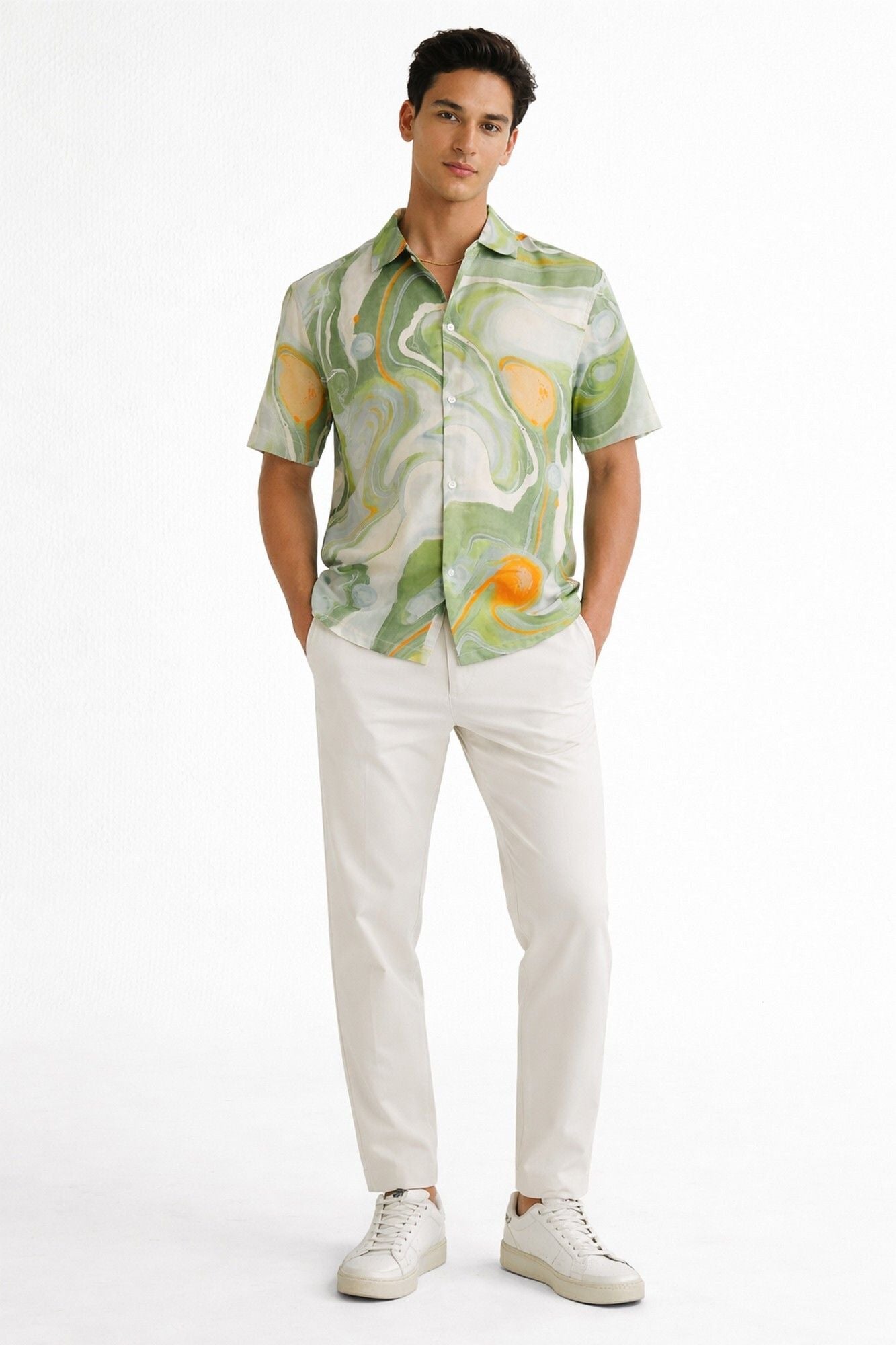 HENSHIKA Men's Casual Half Sleeve Printed Shirt - Relaxed Fit Cotton Blend - Green Abstract - View 5