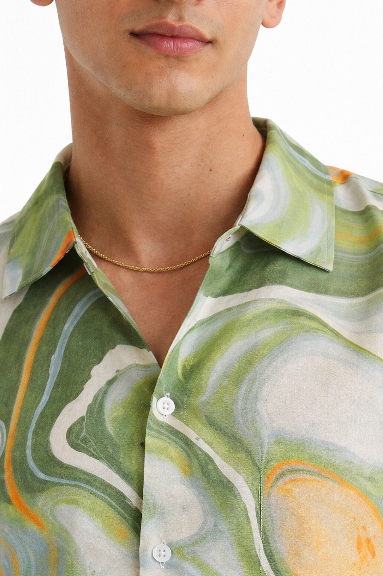 HENSHIKA Men's Casual Half Sleeve Printed Shirt - Relaxed Fit Cotton Blend - Green Abstract - View 3