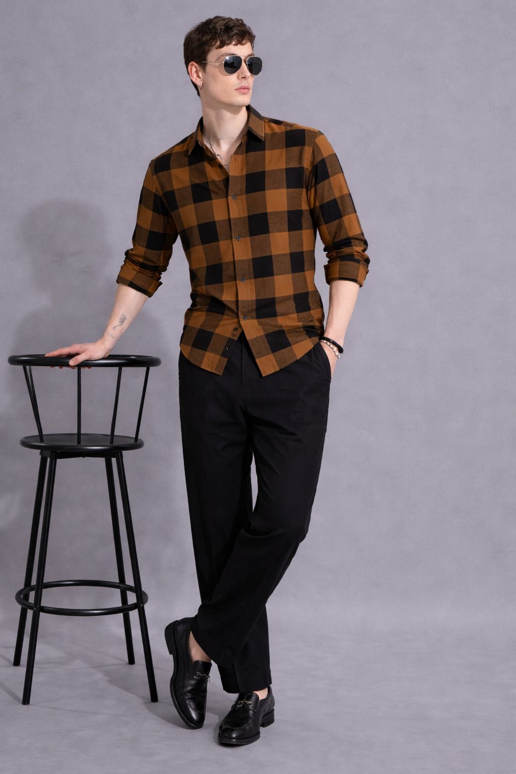 Henshika Men Printed Striped Casual Full Sleeve Shirt – Raja – Black::Brown - View 4