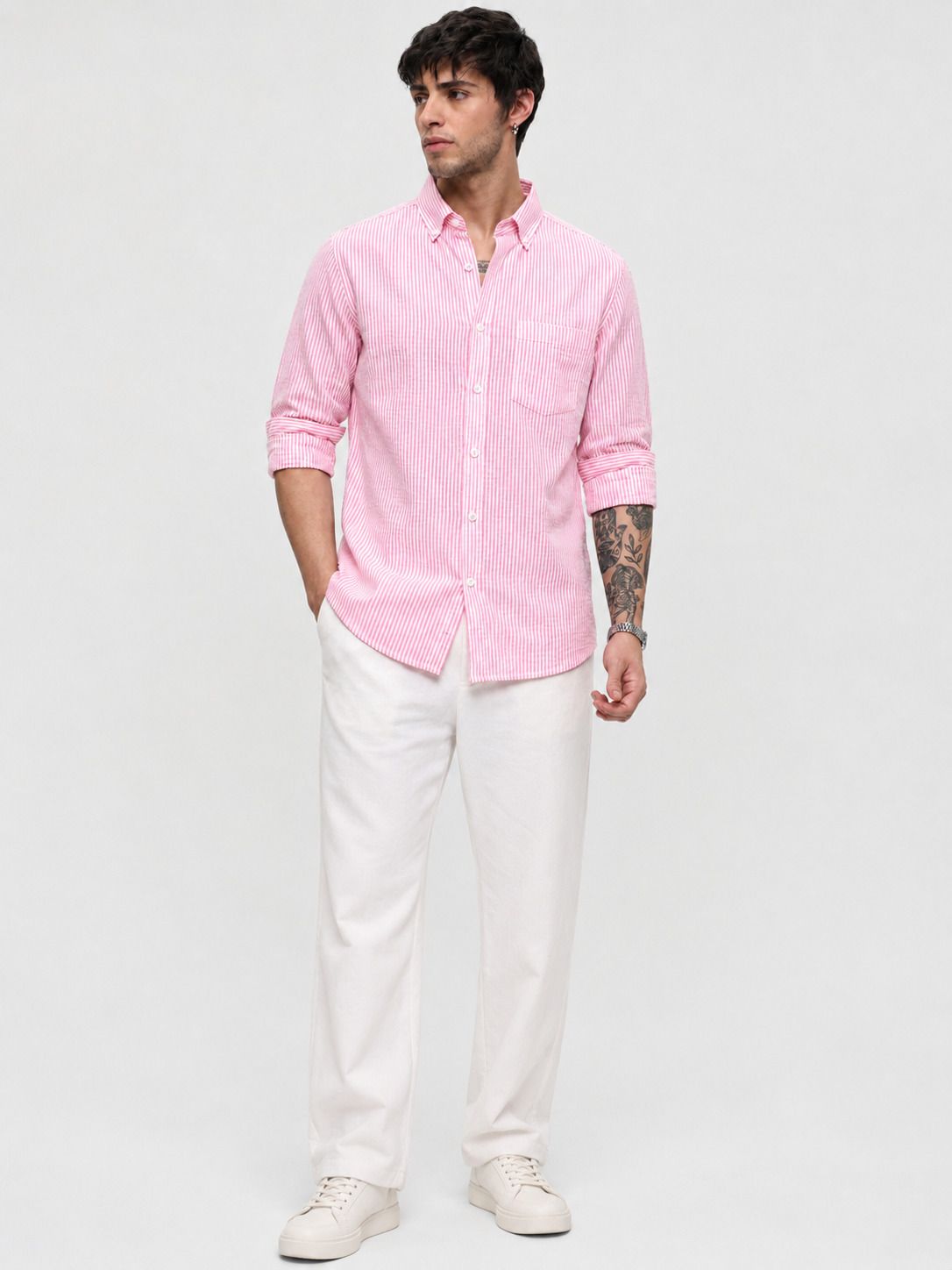 HENSHIKA Pink Striped Shirt - Full Length View
