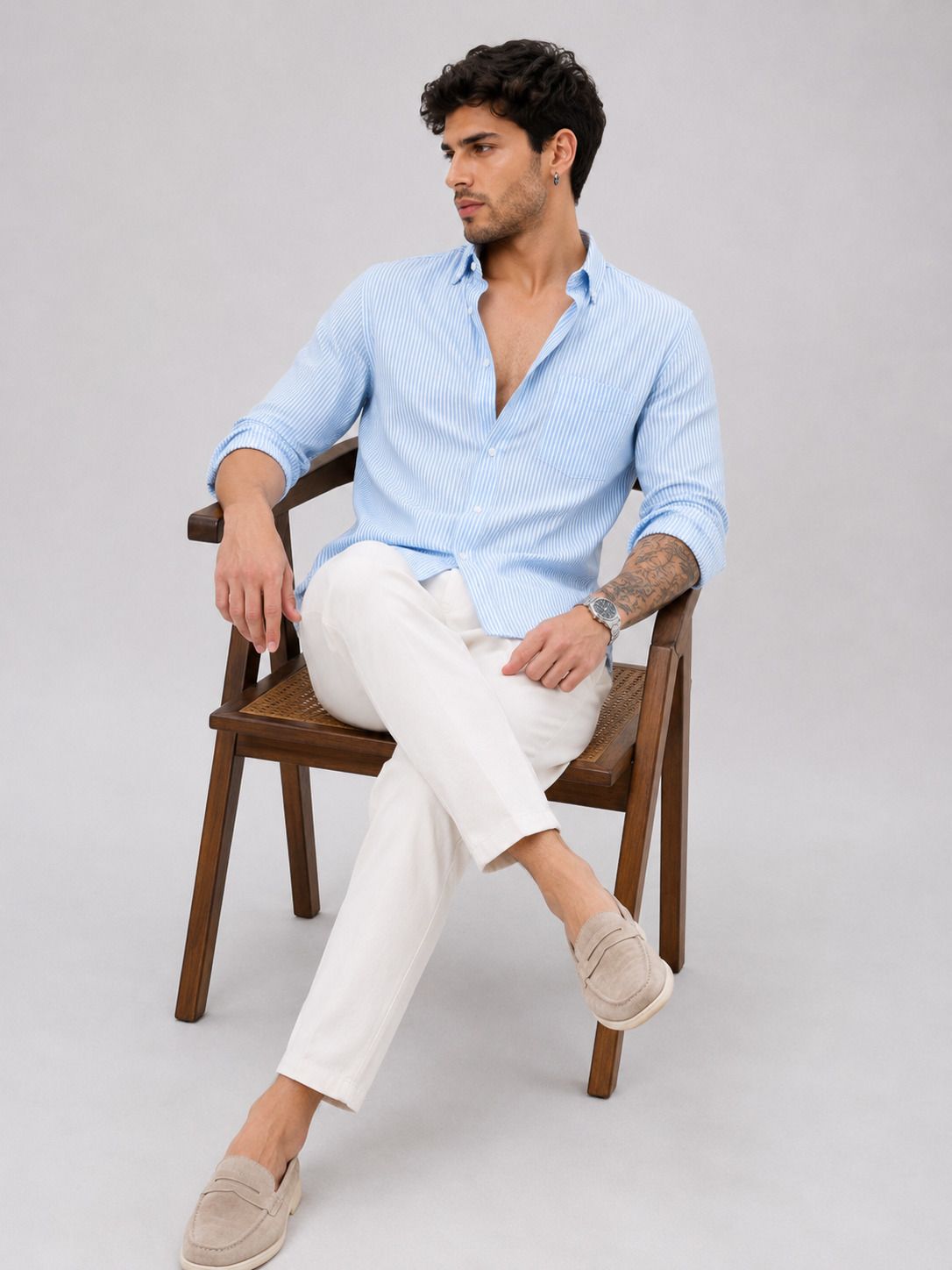 HENSHIKA Blue Striped Shirt - Full Length View