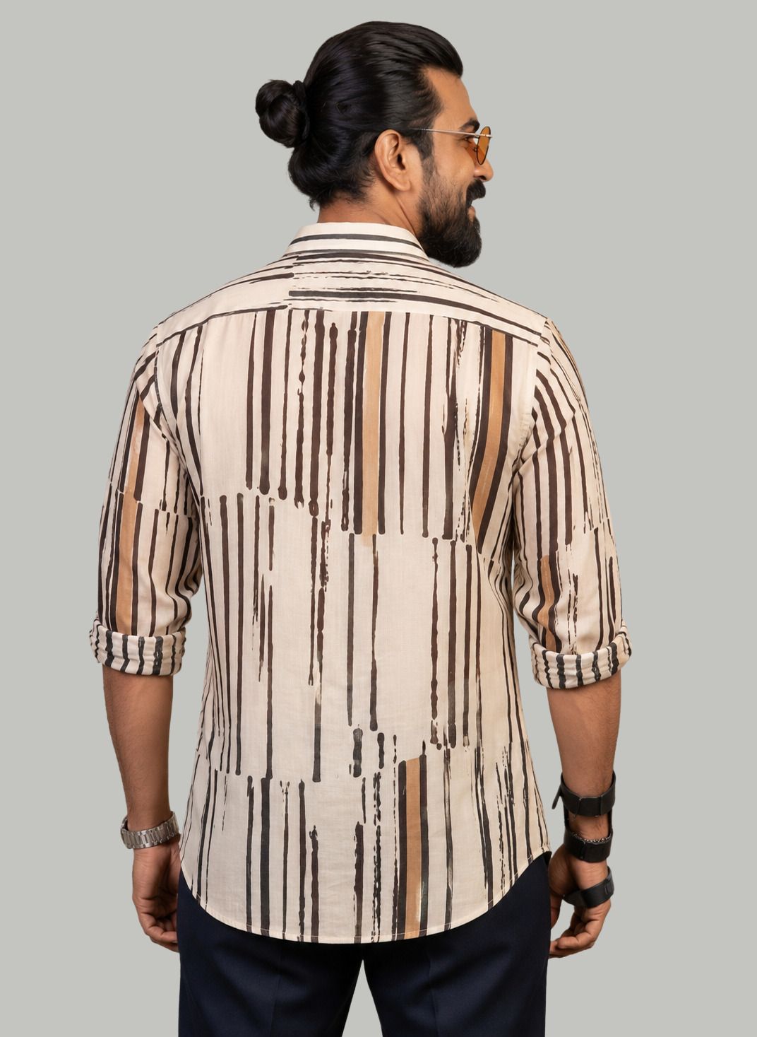 AKSK Men Abstract Stripe Print Shirt | Beige Multicolor Casual Fu – View 2