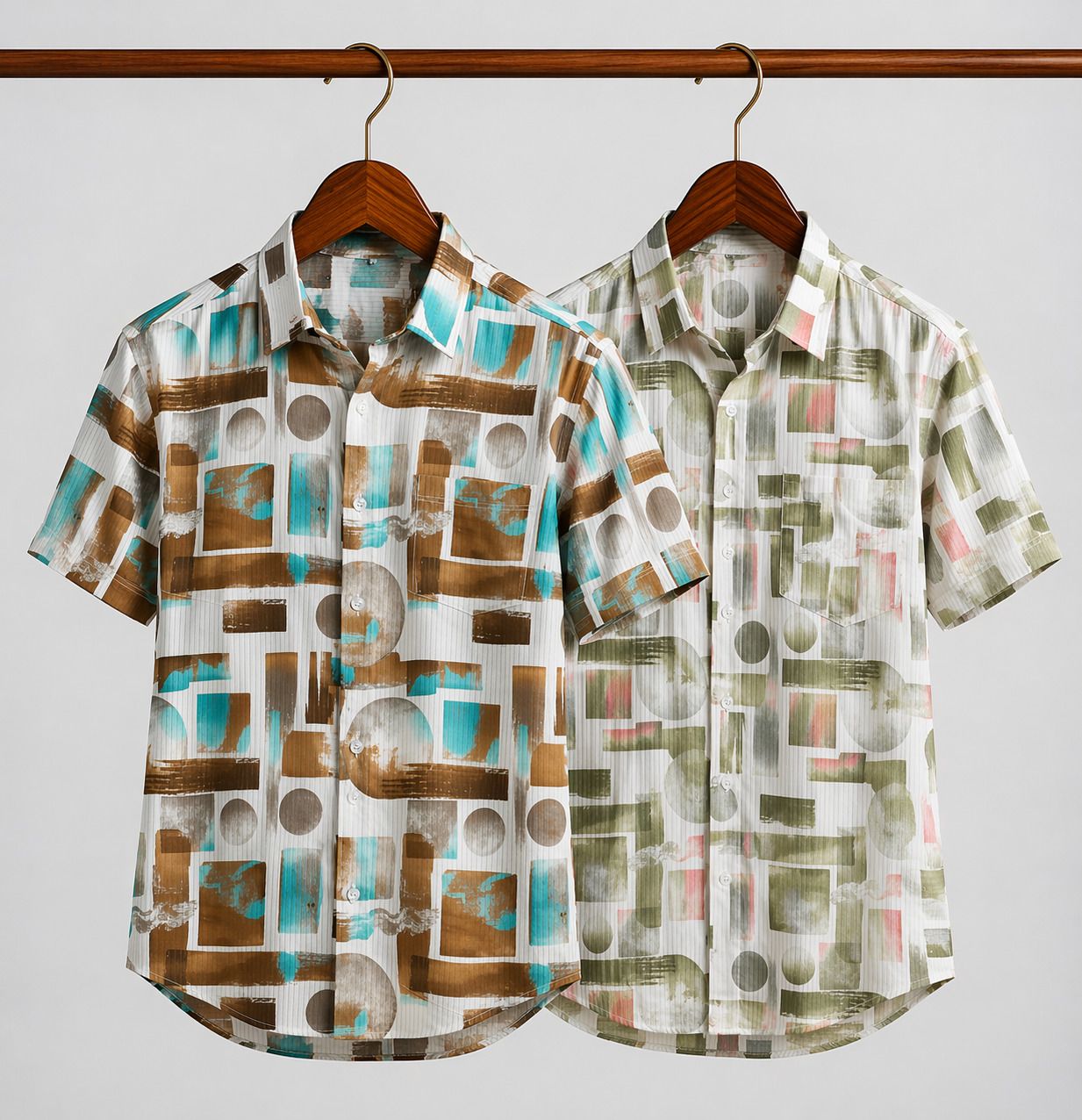 HENSHIKA Men Printed Casual Shirt Combo - Brown & Green (Bubble Print) - Front View