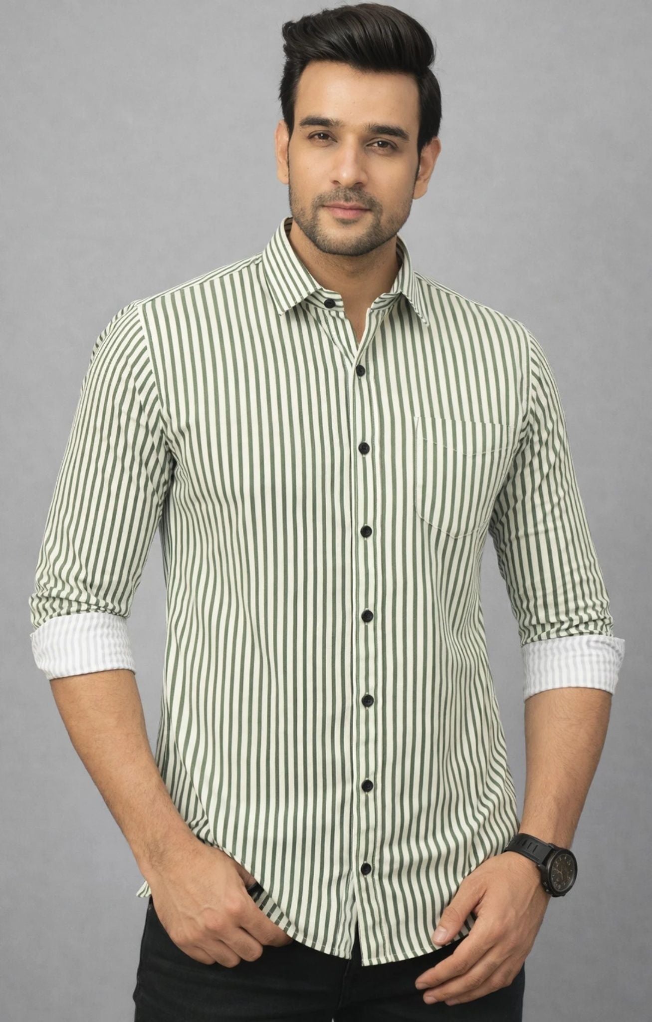 Henshika Men Striped Casual Full Sleeve Shirt – Small Line – Green::White - View 2