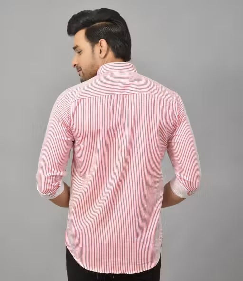 Henshika Men Striped Casual Full Sleeve Shirt – Small Line – Pink::White - View 4
