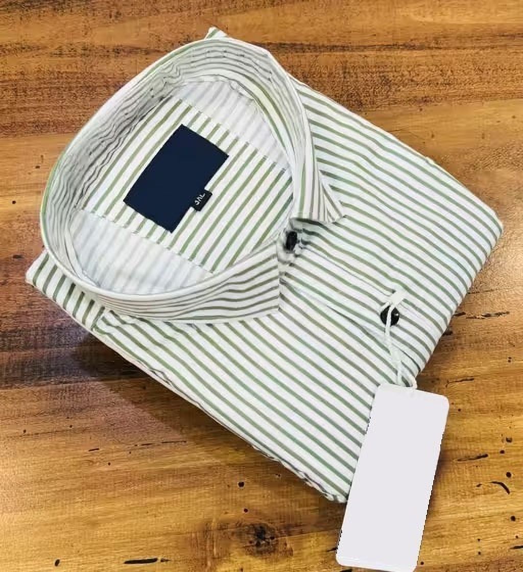 Henshika Men Striped Casual Full Sleeve Shirt – Small Line – Green::White - Front View