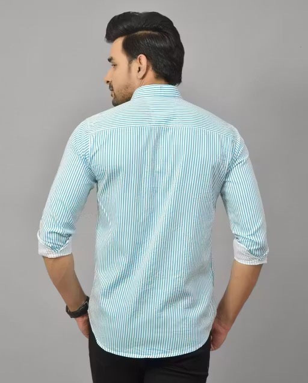 Henshika Men Striped Casual Full Sleeve Shirt – Small Line – Light Blue::White - View 3
