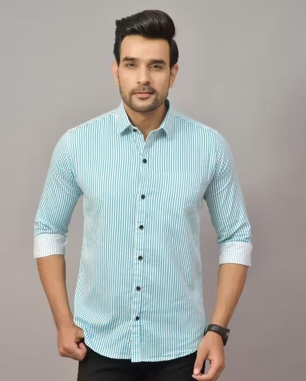 Henshika Men Striped Casual Full Sleeve Shirt – Small Line – Light Blue::White - View 2