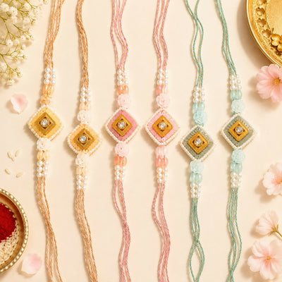 Handcrafted Multicolor Square Kundan & Pearl Beaded Rakhi Set for Brother - Set of 2 (Multi Colour)