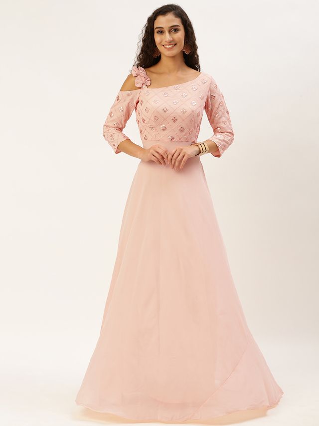 Bollywood Vogue Ready To Wear Peach Georgette Sequins One Shoulder Style Gown