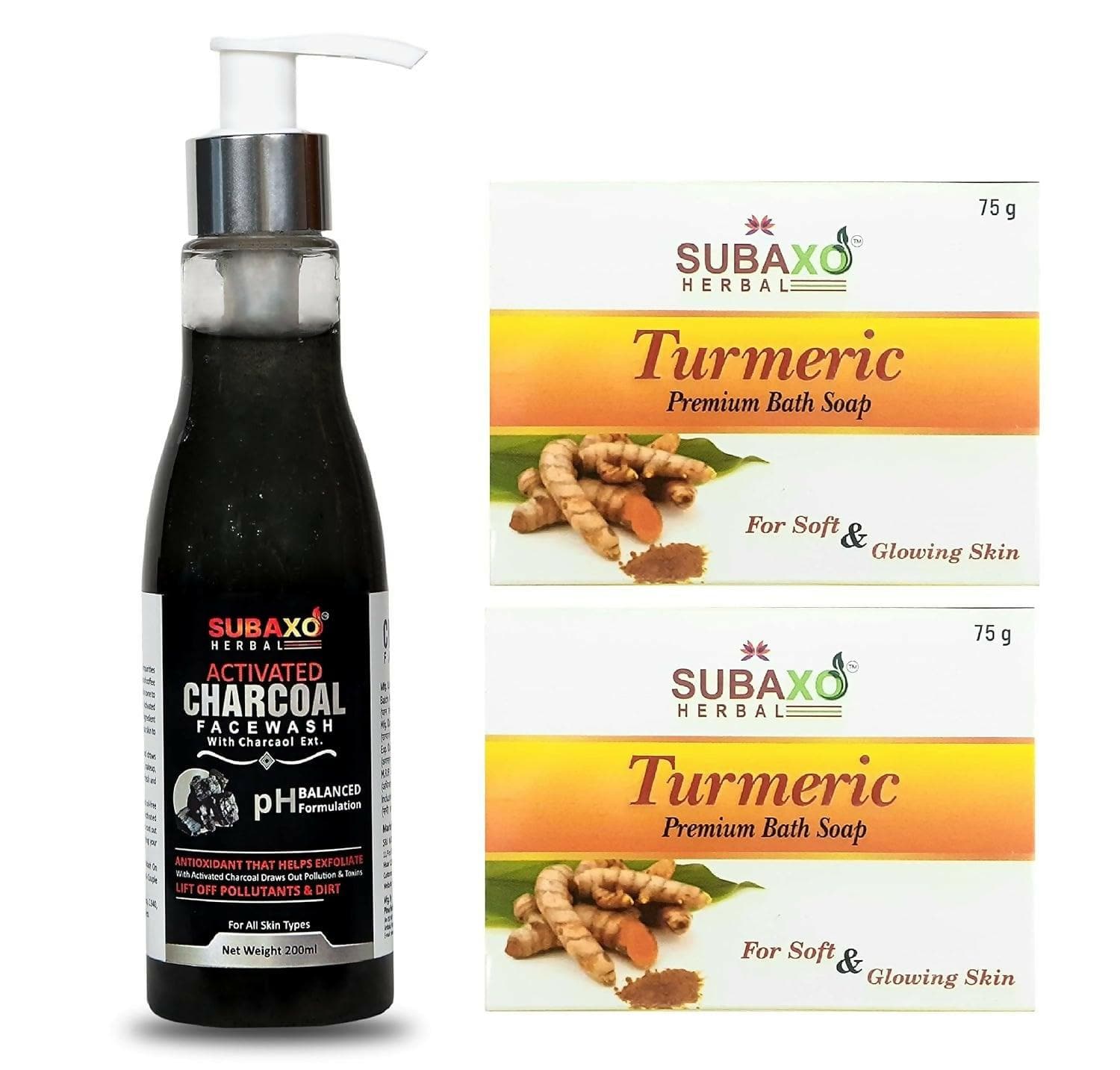 Subaxo Herbal Turmeric Bath Soap (75 gm Each, Pack Of 2) & Activated Charcoal Herbal Anti Pollution Deep Cleansing Face Wash (100ml,Combo) - HalfPe