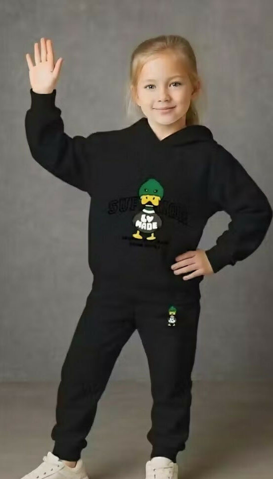 Girls' Premium Cotton Blend Black Hoodie & Jogger Set – Stylish Duck Graphic Tracksuit (Ages 0 Months to 7 Years) Luck Fashion