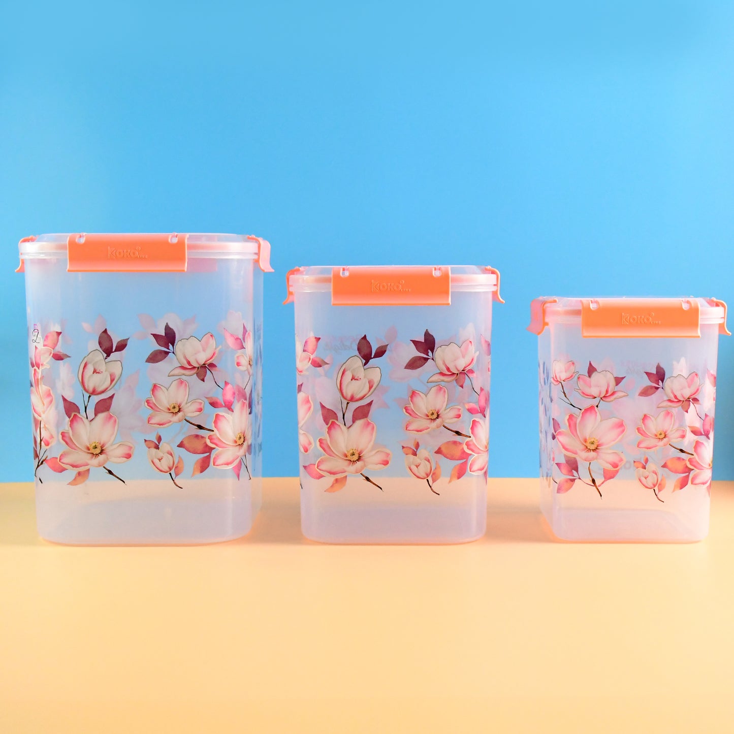 Square 3 Pcs Floral Printed Airtight Storage Container Set  Approx  (3 Pcs Set)