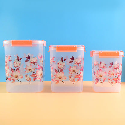 Square 3 Pcs Floral Printed Airtight Storage Container Set  Approx  (3 Pcs Set)