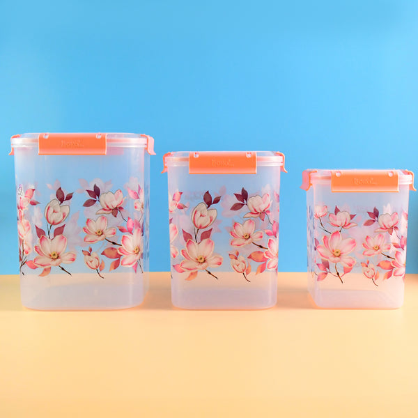 Square 3 Pcs Floral Printed Airtight Storage Container Set  Approx  (3 Pcs Set)