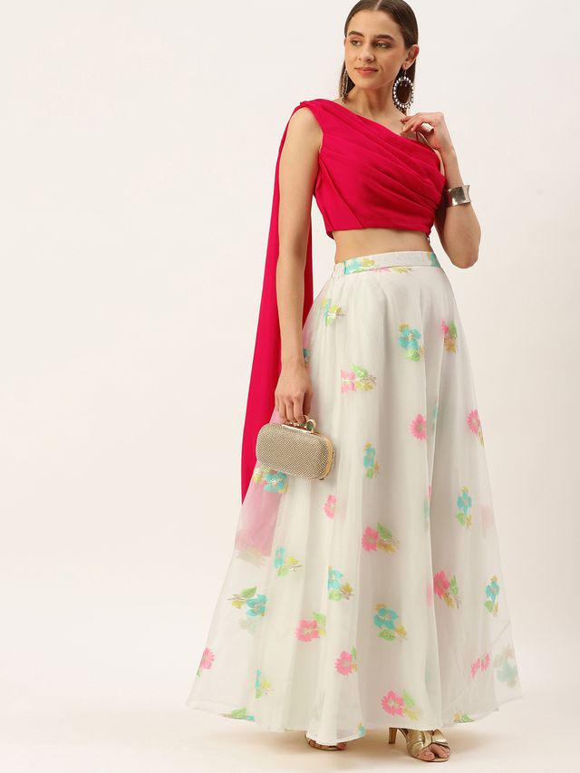 Bollywood Vogue Ready To Wear Off White Organza Jacquard Skirt N Top