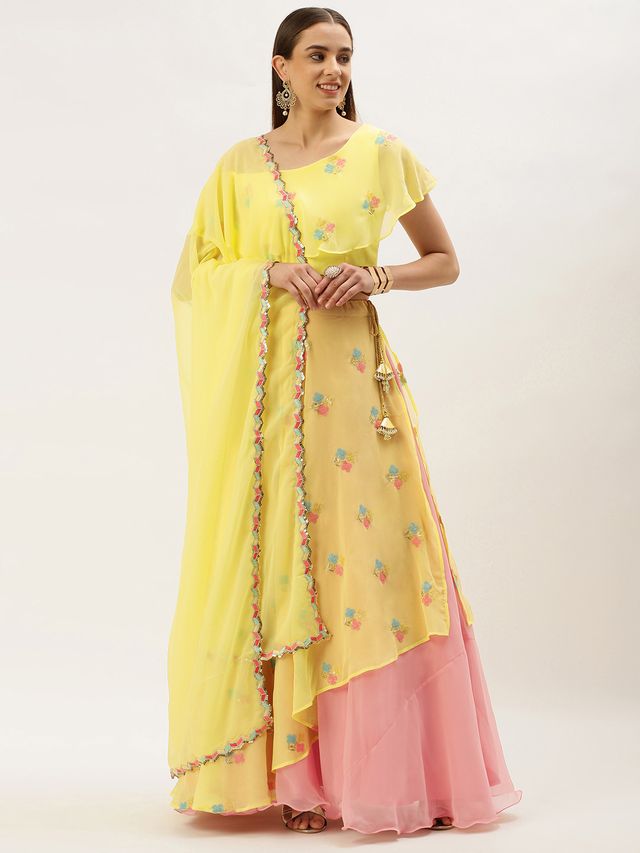 Bollywood Vogue Ready To Wear Yellow Georgette Embroidered Lehenga set